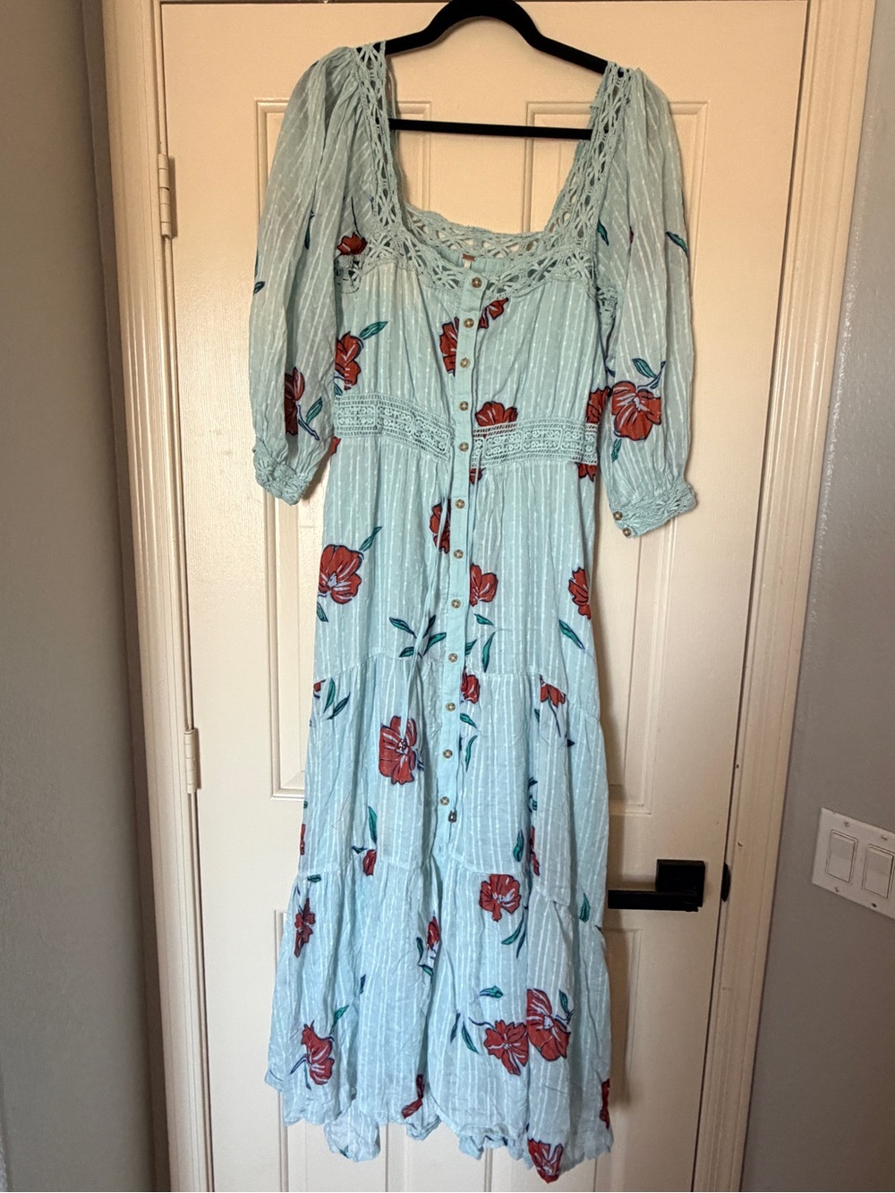 Free People Light Blue Maxi Dress with Red Floral Print